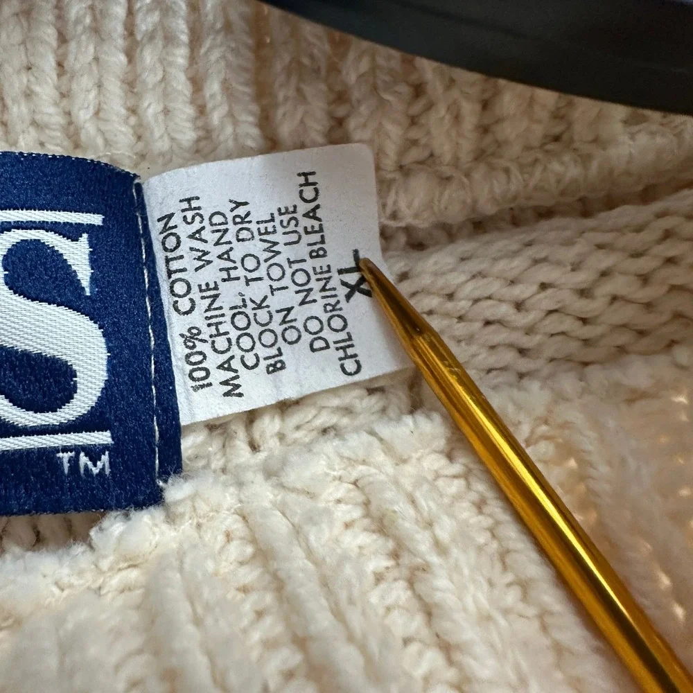 Womens Vintage Preppy Cable Knit Fisherman Sweater Sz XL Cream Cotton Minimalist